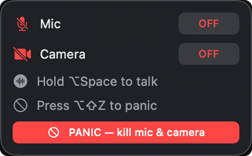 MutexCam floating panel showing microphone off and camera off