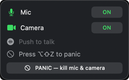 MutexCam floating status panel: microphone and camera on, push-to-talk ready, press Option+Shift+Z to panic